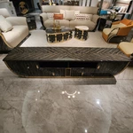 High-Gloss Geometric TV Stand with Curved Sides and Shield-Shaped Pulls